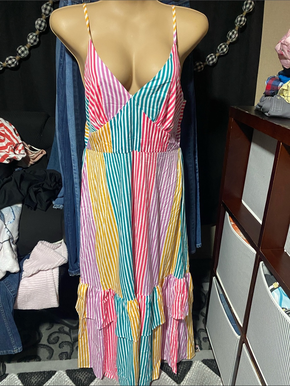 SHEIN Multi-Stripe Backless Spaghetti Strap Maxi Dress in Pink, Teal, Yellow
